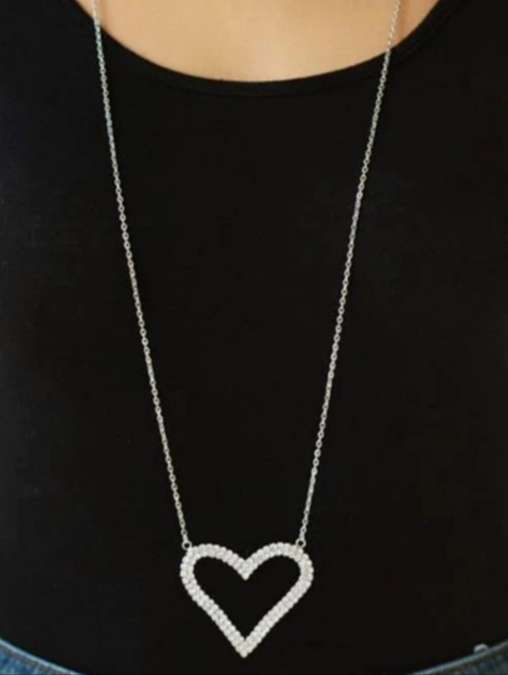 Long Heart Pendant Necklace - Sparkling Heart Outline